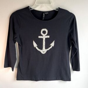 Nautical Size M  Black & Pearl Embellished Anchor Women’s Top